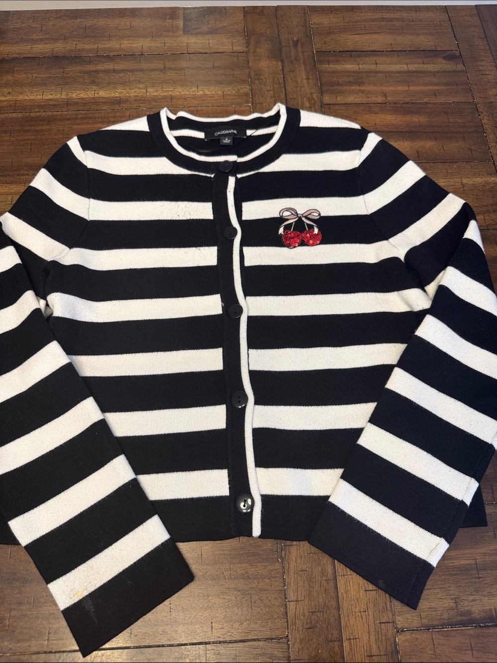 Black & White Striped Cardigan Sweater with Cherry Embellishment